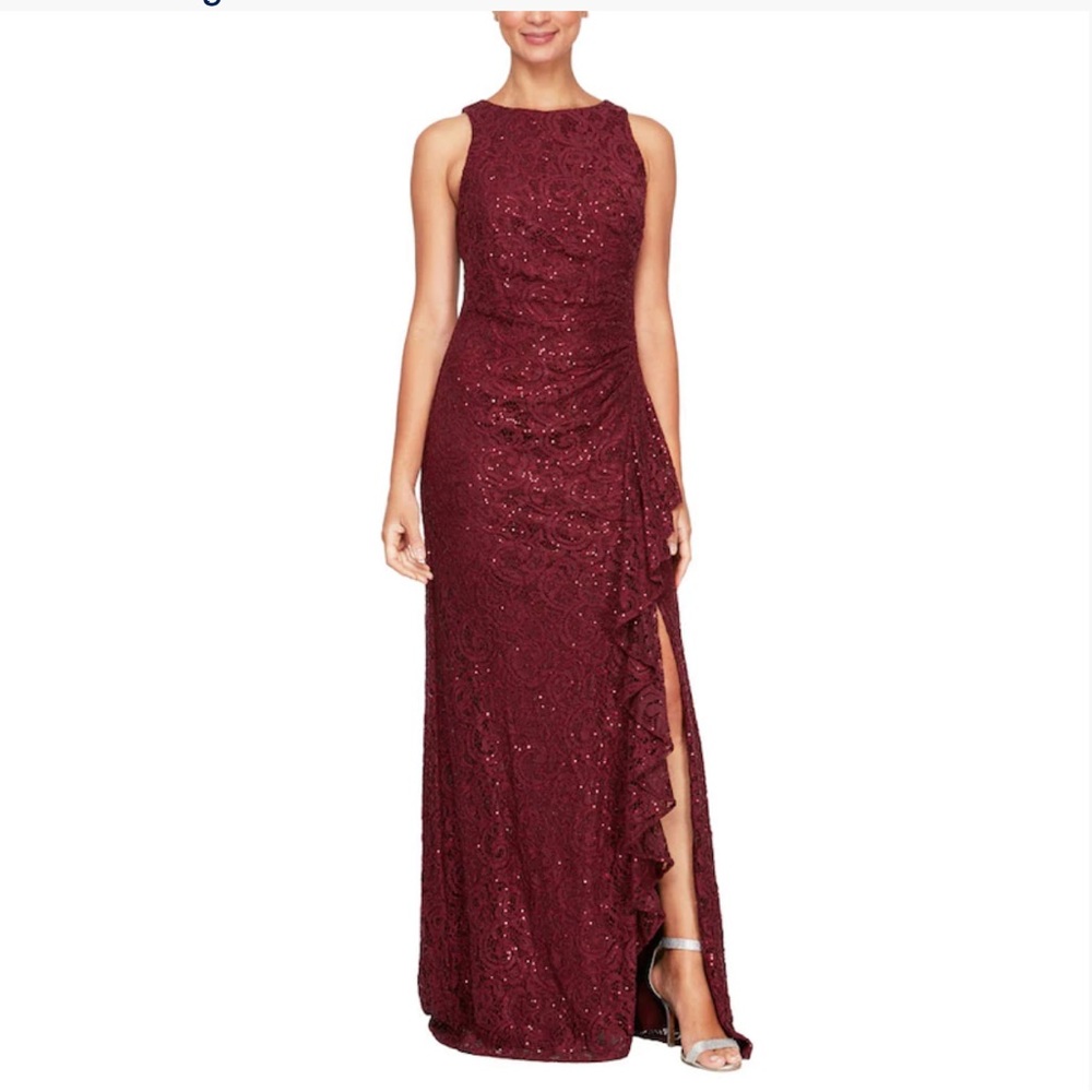 Alex Evening Gown Lace Sparkle Ruffle (Sz 4, Burgundy, Wine, Merlot) modest slit